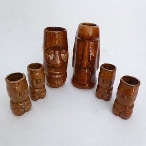 NEW VINTAGE EASTER ISLAND MAORI MOAI TOTEM BROWN CERAMIC TIKI MUG SHOT LOT OF 6